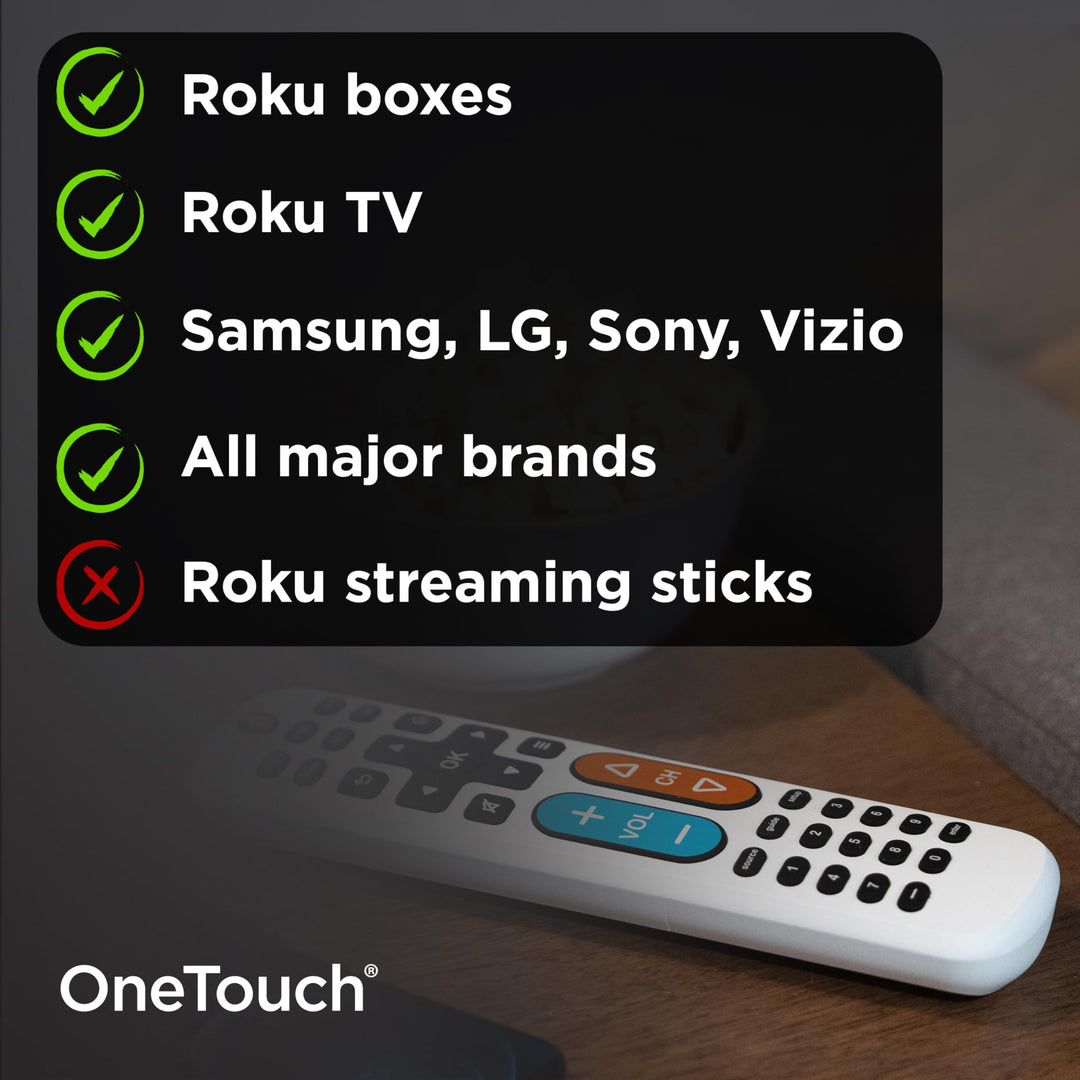 GE BigEZ OneTouch Big Button Universal TV Remote for Seniors, Easy to Use, Replacement Remote for Samsung, LG, Sony, Vizio, Roku TV, Streaming Players, Backlit Buttons, 2 Device, White, 84666