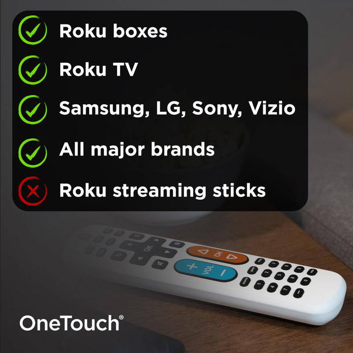 GE BigEZ OneTouch Big Button Universal TV Remote for Seniors, Easy to Use, Replacement Remote for Samsung, LG, Sony, Vizio, Roku TV, Streaming Players, Backlit Buttons, 2 Device, White, 84666