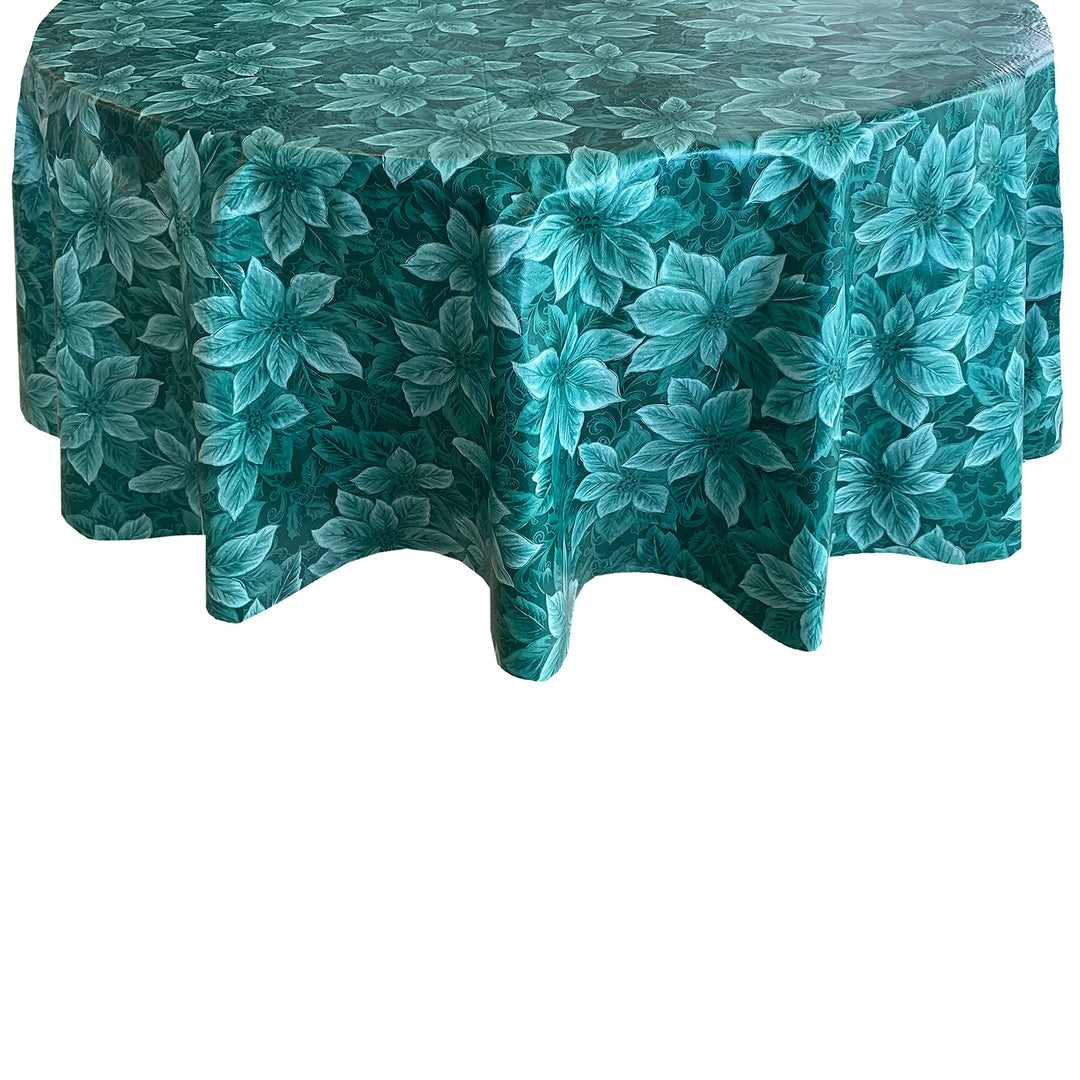 Newbridge Hunter Green Poinsettia Scroll Vinyl Christmas Tablecloth with Flannel Backing, Poinsettia and Holly Damask Look Vinyl Flannel Back Tablecloth, 60” x 84” Oval Retail $13.00