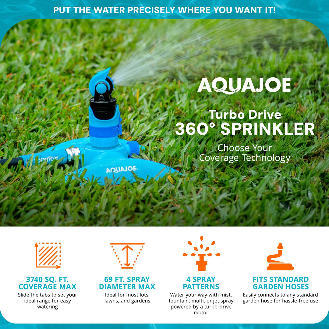 Aqua Joe AJ-MSSBM 4-Pattern Sprinkler with 360-Degree Rotation and Metal Base, Up to 3,740-Square-Foot Coverage