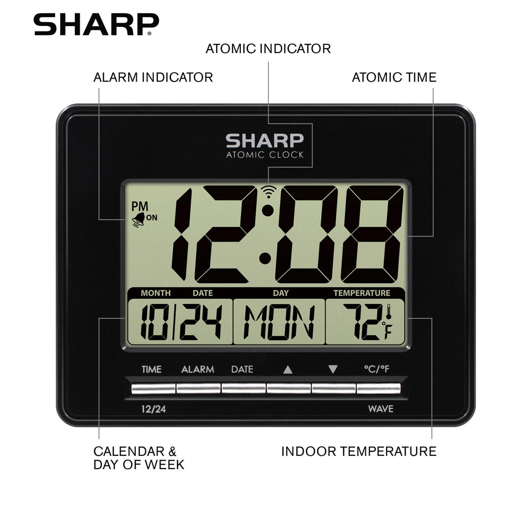 Sharp Atomic Desktop Clock â€“ Auto Set Digital Alarm Clock - Atomic Accuracy - Easy to Read Screen with Time/Date/Temperature Display- Perfect for Nightstand or Desk