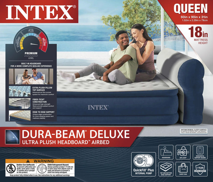 Intex Dura-Beam Deluxe Ultra Plush Headboard Air Bed with Built-in Pump (18  Mattress Height) - Queen