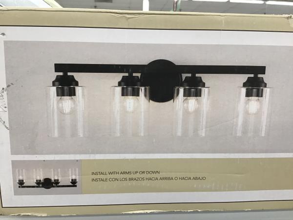 Allen + Roth Emeryson, 4-Light Vanity Bar, Matte Black Finish, Clear Glass Retail $80.00