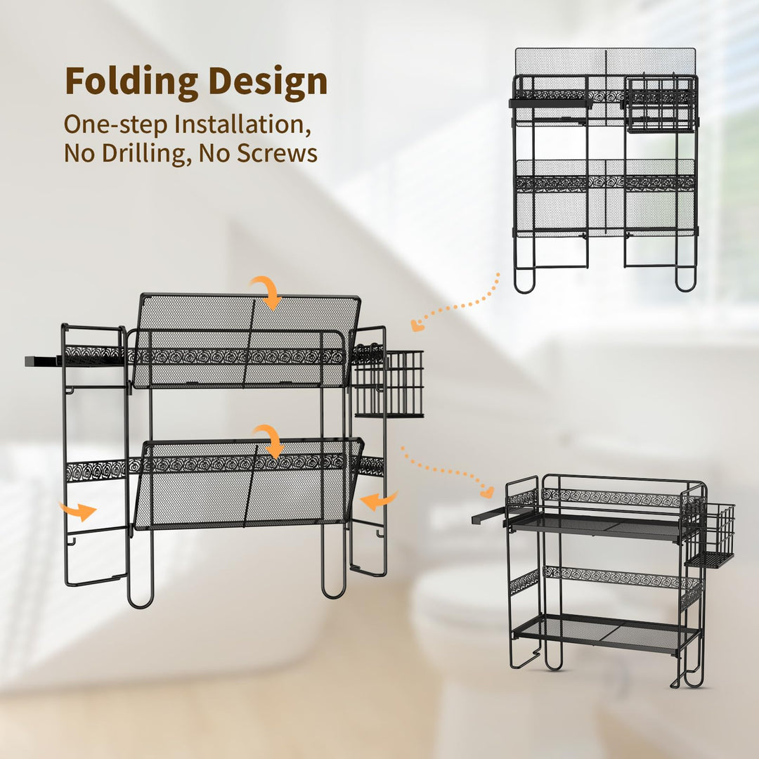 Iirios Over The Toilet Storage, Upgrade 2-Tier Folding Bathroom Organizer Shelves, Metal Multifunctional Toilet Rack with Basket and Paper Holder, No Assembly, No Drilling Space Saver (Black)