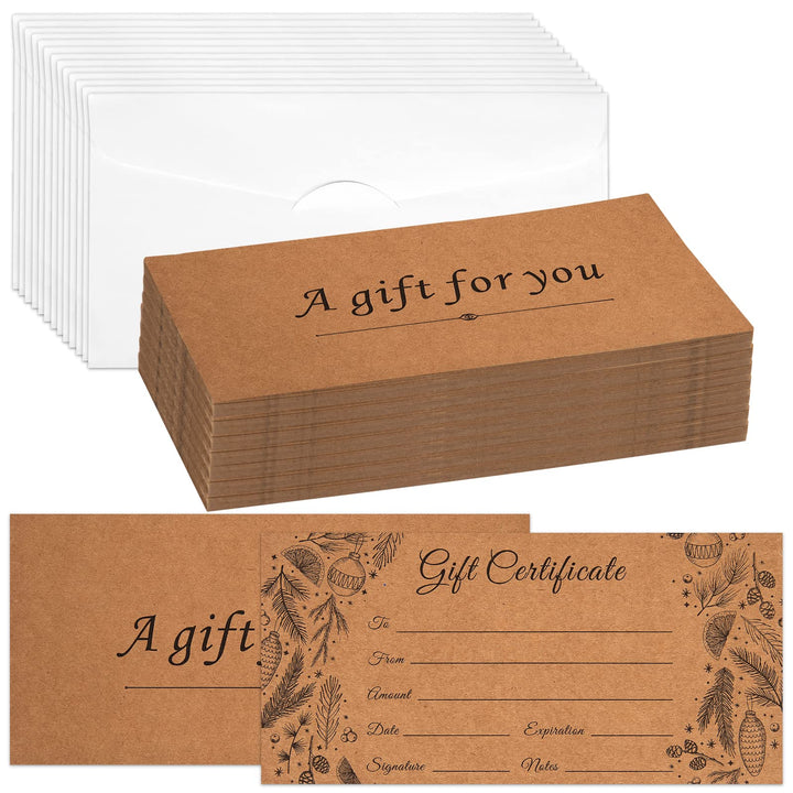 50 Sets Blank Gift Certificates with 50 Envelopes, 3.75 x 7.5 Inches Kraft Gift Certificate Cards, Paper Vouchers for Small Businesses, Holiday, Beauty Bars, Restaurants (Style 1)