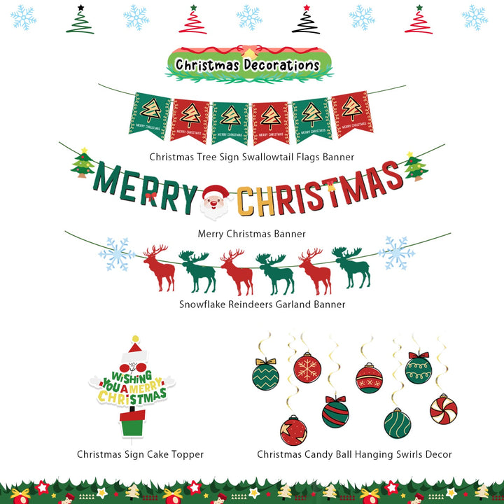 Chilfamy Christmas Decorations, Red Green Merry Christmas Party Banners, Reindeer Snow Garland Banner, Candy Foil Hanging Swirl Decors, Cake Topper for Ugly Sweater X-mas Holiday Home Party Supplies