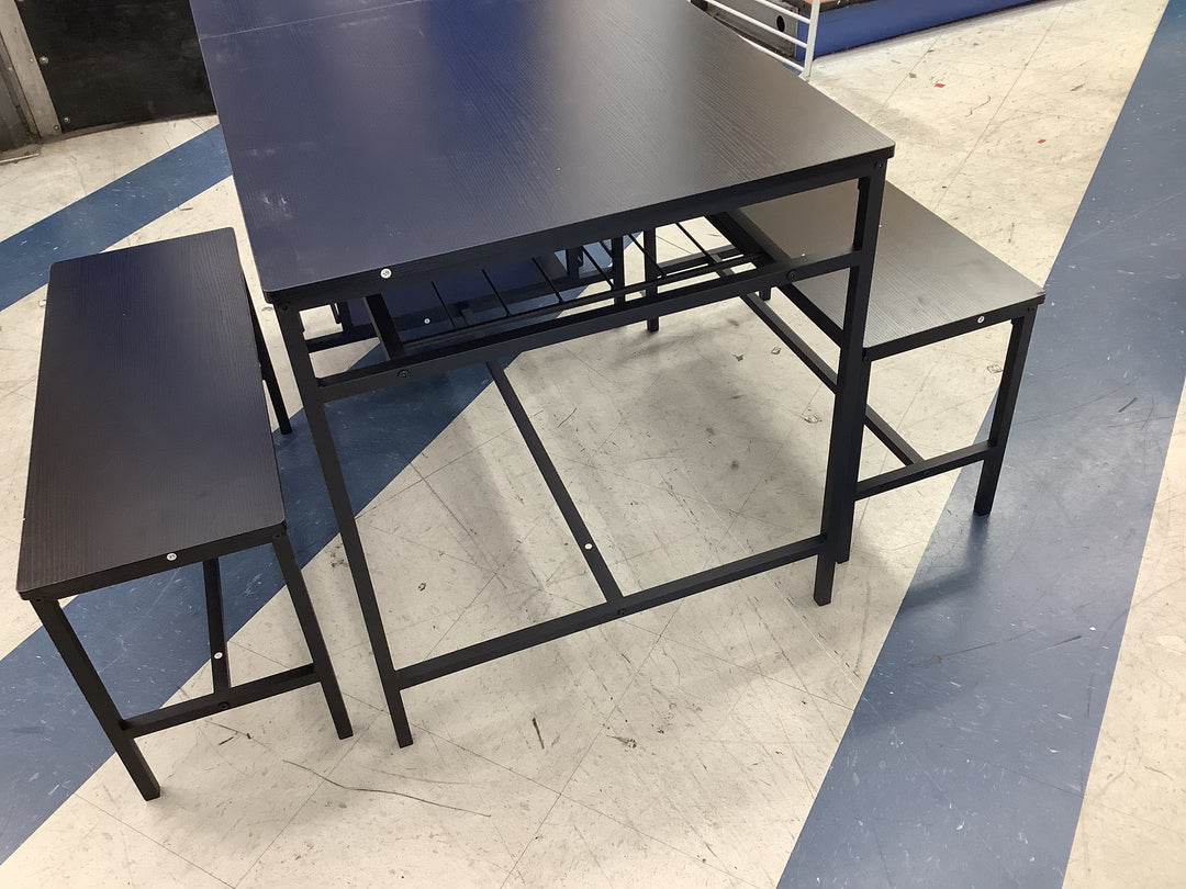 space-saving 3-piece dining table set with two tuck-away benches, a built-in wine rack, and lateral side shelving