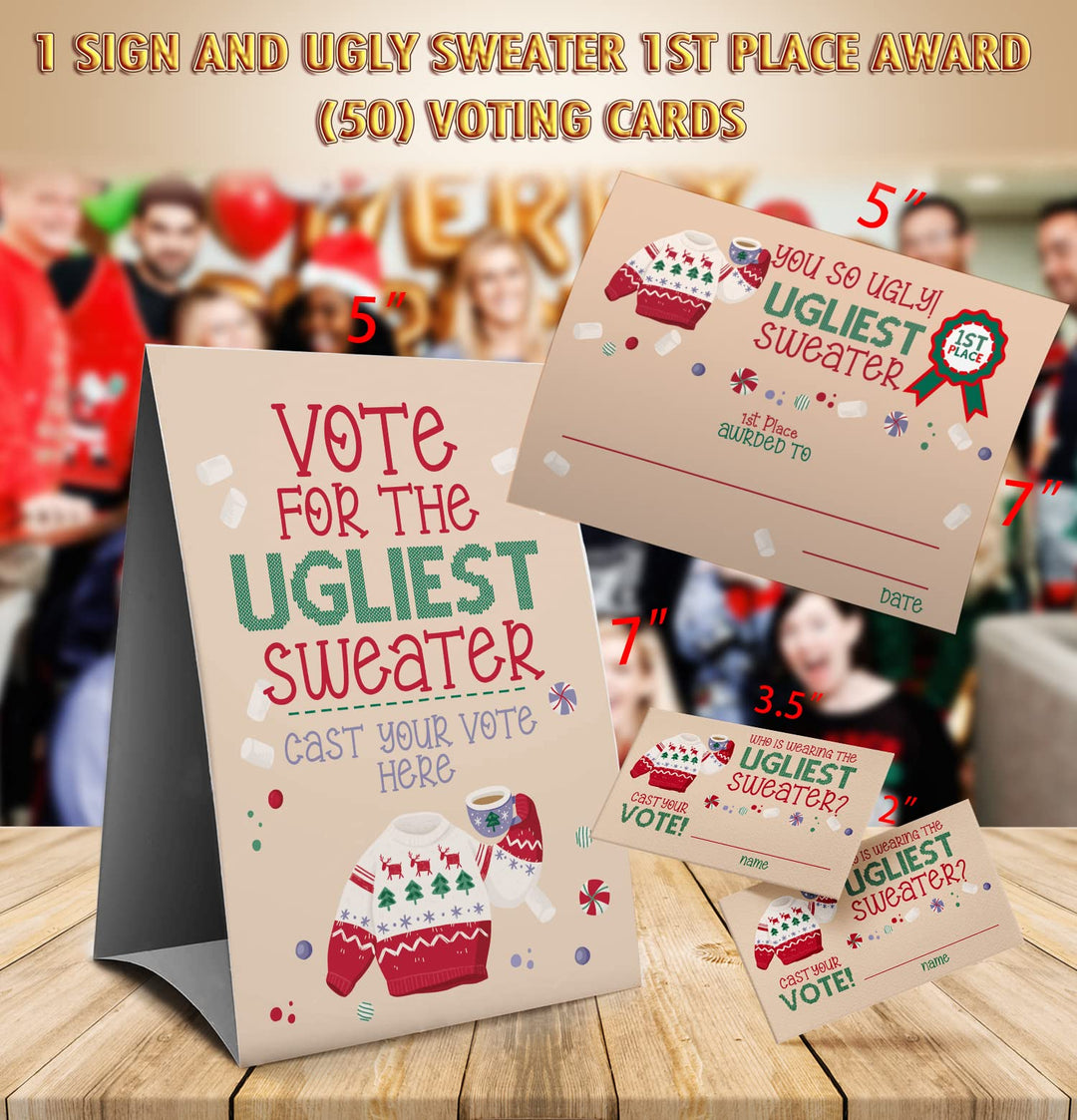 Ugly Christmas sweater voting suit, Ugly Sweater Party Christmas Party, Tacky Christmas Party-1 Sign,1Awards and 50 Guessing Cards(36C)