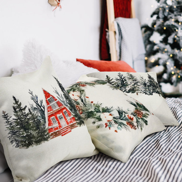 Preboun 4 Sets Christmas Pillow Covers Decorations Rustic Watercolor Winter Holiday Cushion Covers Xmas Tree Wreath Throw Pillow Case for Farmhouse Home Decor(18 x 18 Inch)
