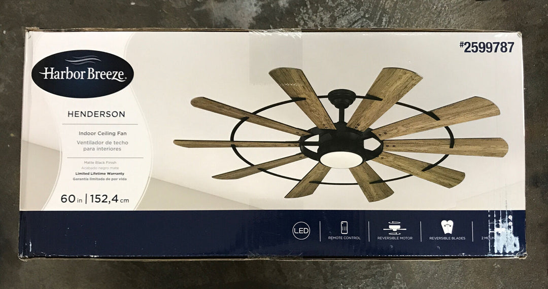 Harbor Breeze Henderson 60-in Matte Black LED Indoor Ceiling Fan with Light Remote (10-Blade) Retail $309.98
