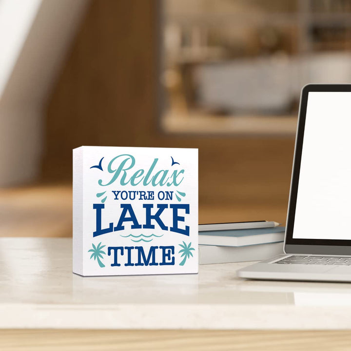 Relax You're on Lake Time Rustic Lake Wooden Plaque Sign Desk Decor,Retro Lake Cabin Home Wood Block Sign Desk Decorations for Primitive Country Lake Farmhouse Shelf Table Decor