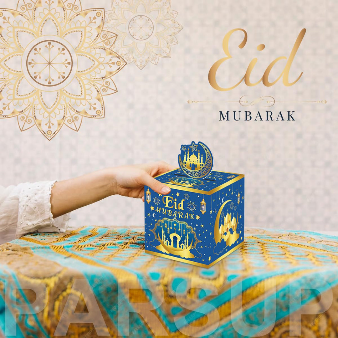 Eid Mubarak Money Box for Cash Gift Pull, Money Gift Boxes for Cash, Money Box for Cash Gift Black & Gold Money Holder for Cash with Pull Out Card DIY Set Surprise Eid Gift Box - Blue Gold