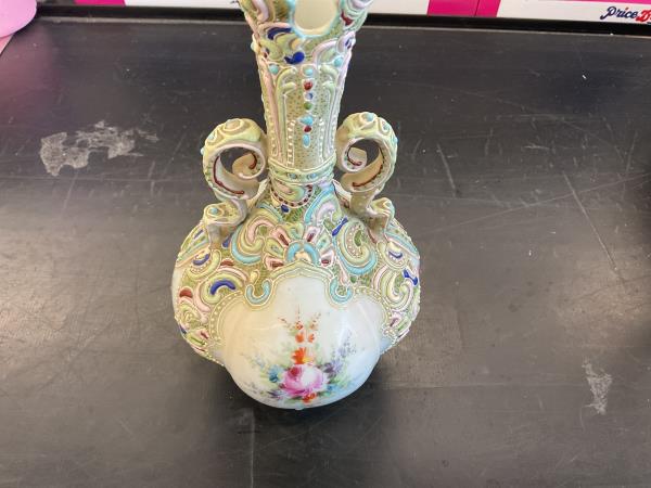 Ornate Porcelain Vase with Floral Motif and Scroll Handles Retail $75.00