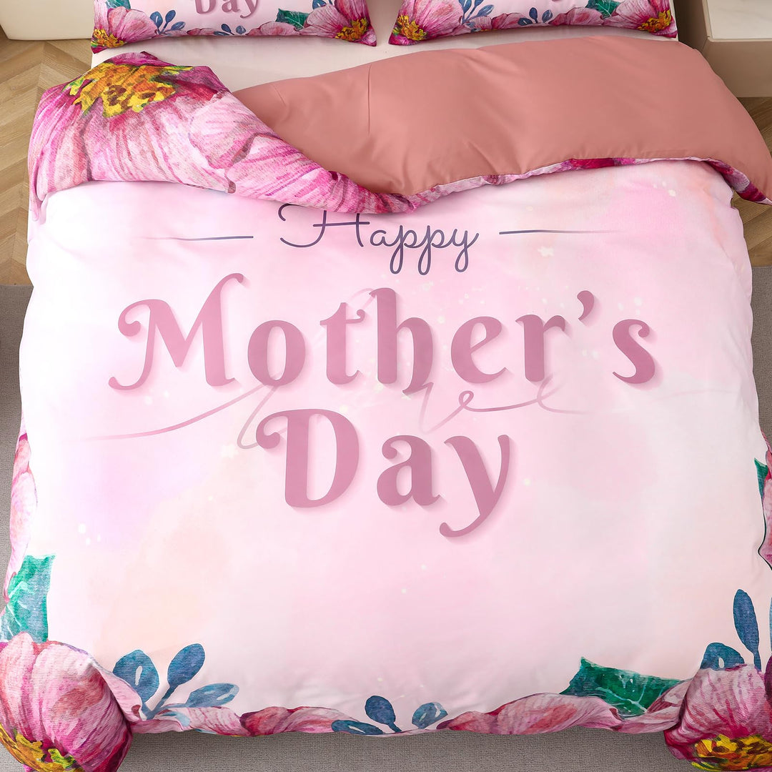 Menghomeus Happy Mothers Day Gifts for Mom Pink Floral Duvet Cover Set Queen Garden Bedding Sets Birthday Gifts for Mom from Daughter Son