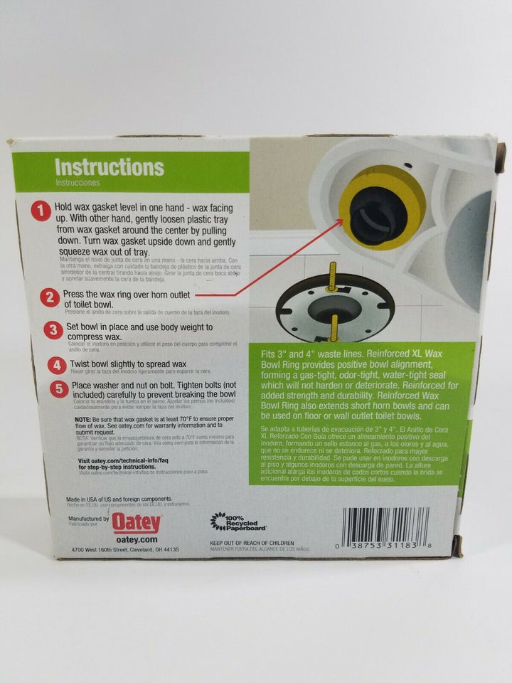 Oatey Jumbo Johni Ring Wax Ring Reinforced Wax Alignment Sleeve 40% More Wax New
