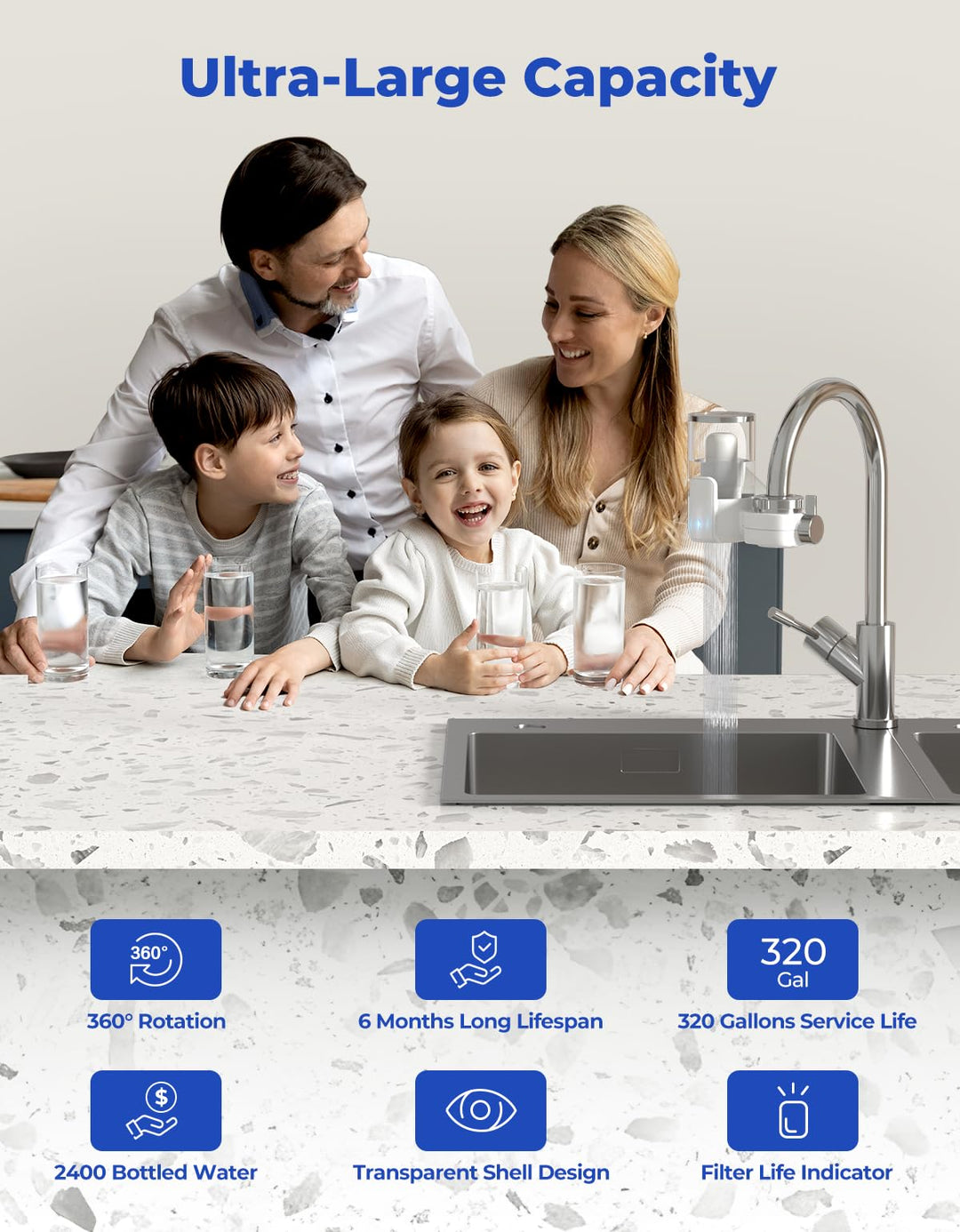 Reinmoson Faucet Water Filter for Sink Life Span Indicator & Transparent Shell, 400-Gallon Tap Water Filter System for Kitchen Sink, NSF Certified Reduces Lead Chlorine & Bad Taste