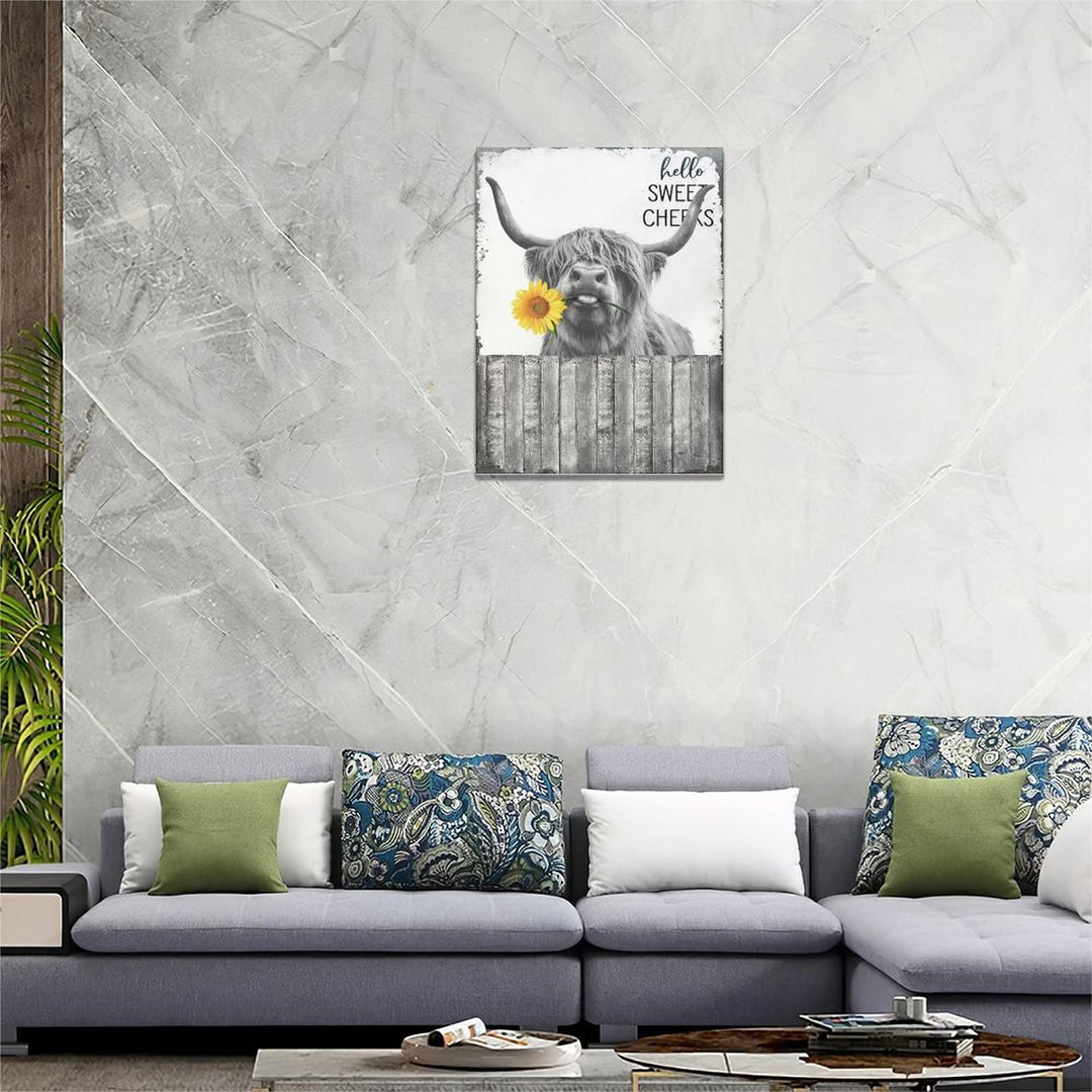 Hello Sweet Cow Bathroom Decor Wall Art Highland Cow Poster Funny Cow Pictures Rustic Farmhouse Cow Canvas Print Black and White Painting Animal Wall DÃƒÂ©cor Framed Artwork 12"x16"