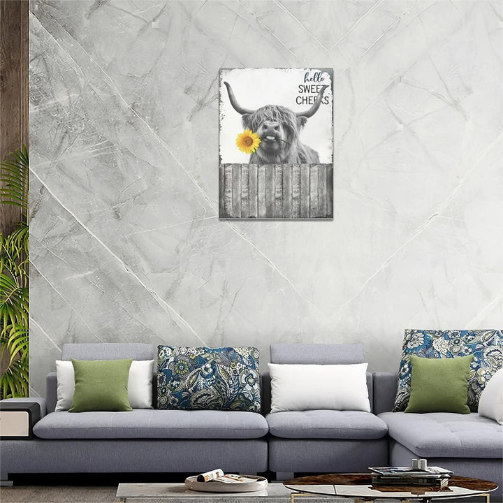 Hello Sweet Cow Bathroom Decor Wall Art Highland Cow Poster Funny Cow Pictures Rustic Farmhouse Cow Canvas Print Black and White Painting Animal Wall DÃƒÂ©cor Framed Artwork 12"x16"