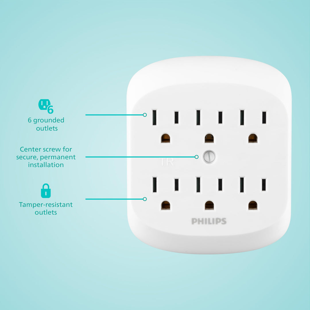 Philips 6 Adapter, Wall Tap Power Strip, Tamper Resistant Protected Outlets, 3-Prong, ETL Listed, White, SPS1461WA/37, 1 Pack