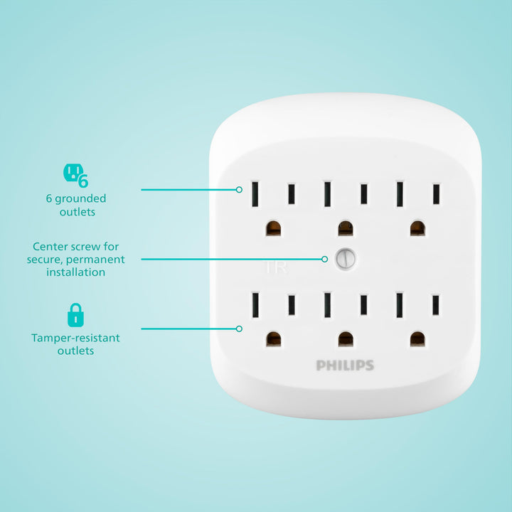 Philips 6 Adapter, Wall Tap Power Strip, Tamper Resistant Protected Outlets, 3-Prong, ETL Listed, White, SPS1461WA/37, 1 Pack