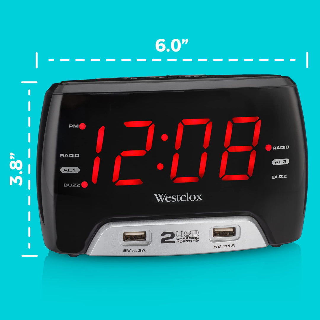 Westclox Large 1.4â€ Red LED Digital FM Clock Radio with Dual USB A & C Charging Ports, Adjustable Brightness, Dual Alarms & Sleep Timer â€“ Modern Alarm Clock for Bedroom, Home, or Office (Black)