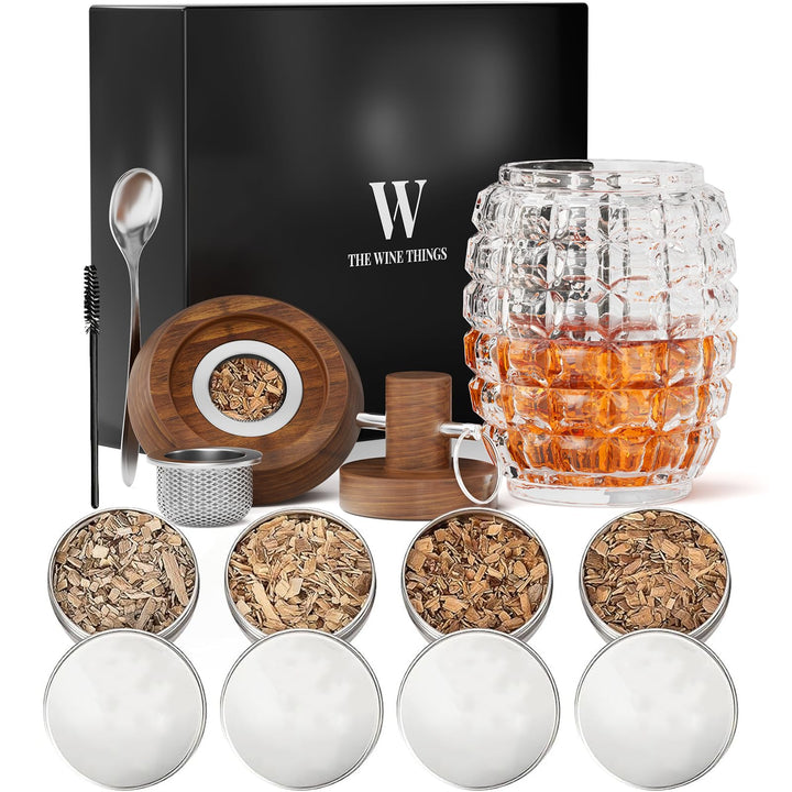 Cocktail Smoker Kit, with Unique Grenade Shaped Glass, Old Fashioned Bourbon Whiskey Smoker Kit with 4 Flavored Wood Chips, Personalized Birthday Gift for Man, Him, Dad