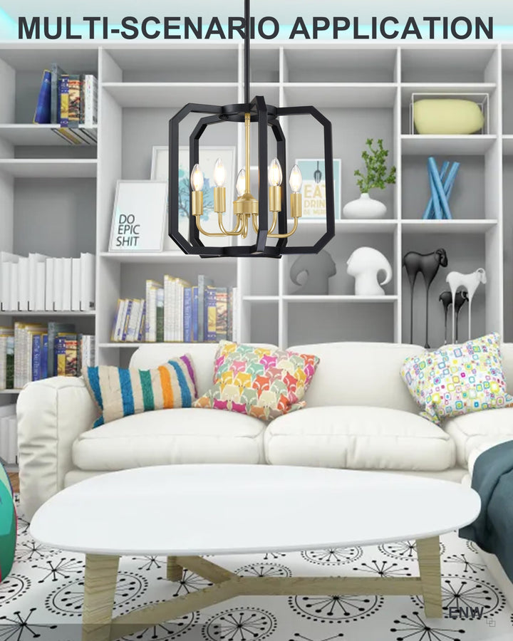 Doraimy Lighting 5 Light Farmhouse Adjustable Rod Black Pendant Light Fixtures Gold Finish,Rustic Hanging Ceiling Chandelier Light for Foyer Dining Room Kitchen Island Hallway