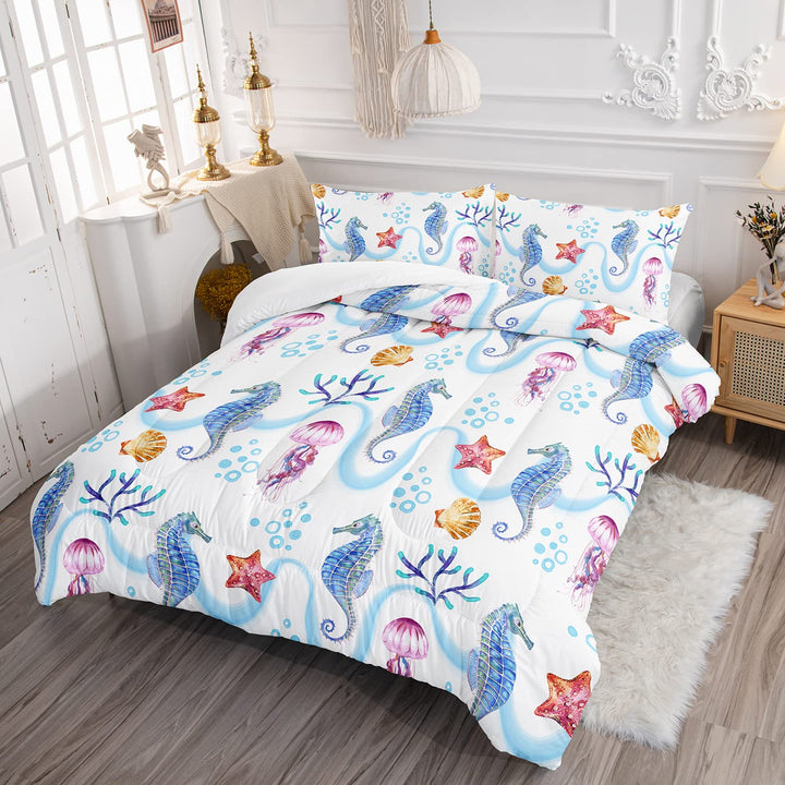 CVHOUSE Hippocampus Bedding Set - Queen Size, Ocean Decor, 3 Pieces