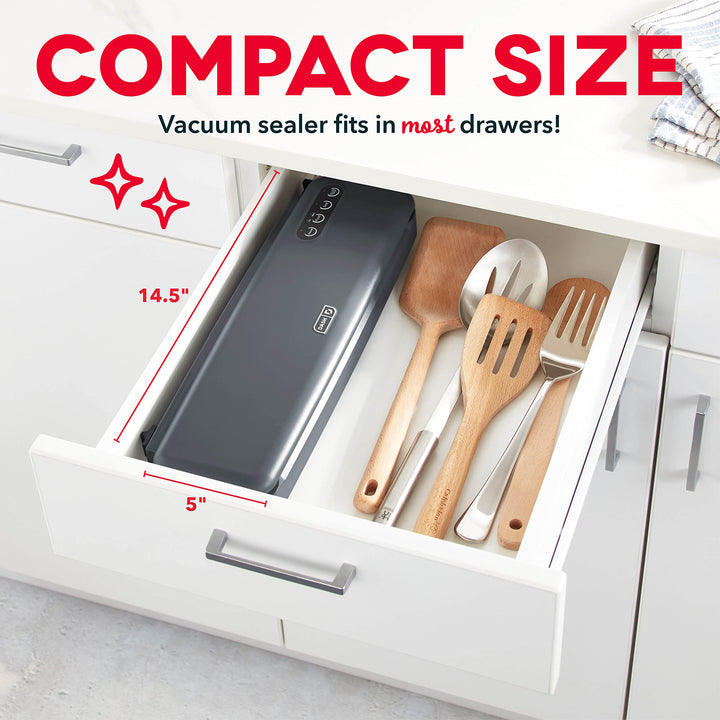 DASH SuperSeal™ Vacuum Sealer for Food Storage and Sous Vide, Perfect for Preserving Fresh Ingredients, Single Use & Reusable Bags and Cutter Included - Grey