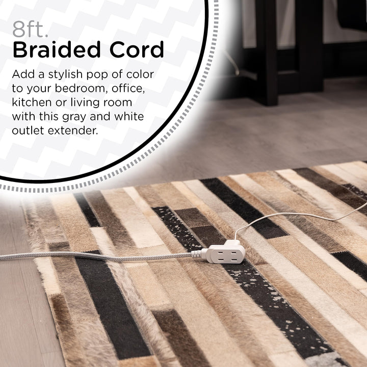 Cordinate Extension Cord, 8 Ft, 3-Outlet Flat Plug Extension Cord, Braided Extension Cord with Multiple Outlets, 2 Prong Extension Cord, Safety Slide 125V Long Extension Cord, 1 Pack, White, 39980
