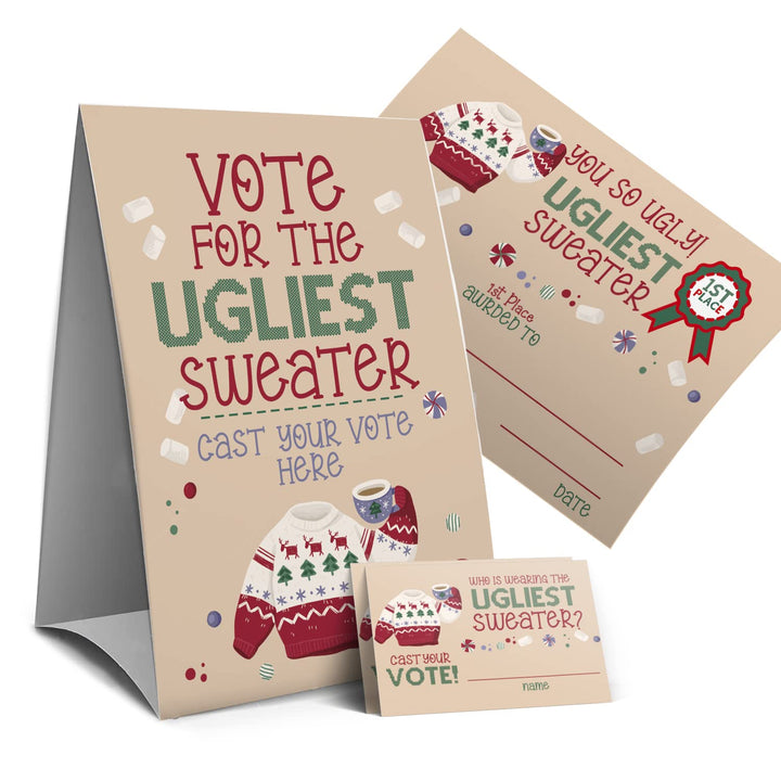 Ugly Christmas sweater voting suit, Ugly Sweater Party Christmas Party, Tacky Christmas Party-1 Sign,1Awards and 50 Guessing Cards(36C)
