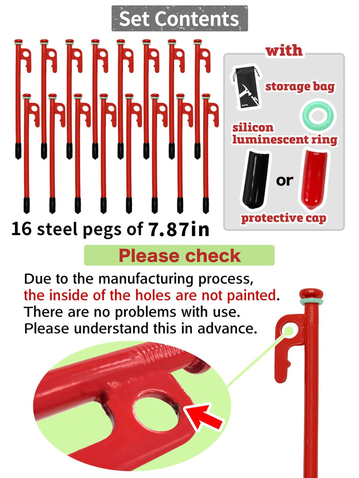 M-STYLE Tent Stakes Heavy Duty 8 inch Steal Tent Pegs for Camping Ground Stakes for Outdoor Yard Garden Stake, 16 Pack with Caps, Fluorescent Silicone Rings, Special Bag (Red)