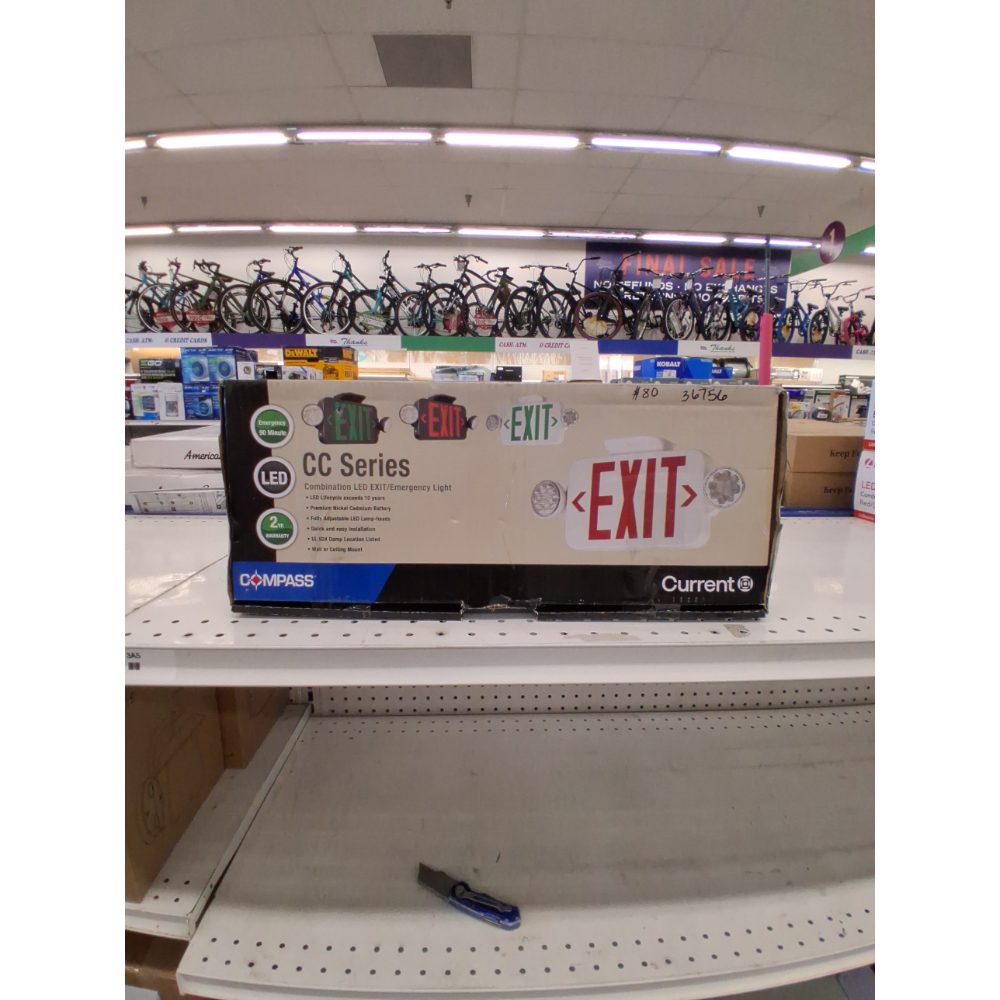 Hubbell Lighting CCRRC Emergency Exit Sign, Remote Compatible Combination Emergency Light and Exit Sign for Stair-Wells, Hallways, Offices, 2 Fully Adjustable LED Heads, White with Red EXIT Letters