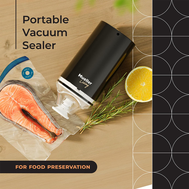 MuellerLiving Cordless Portable Food Vacuum Sealer Seals up to 60 bags, Automatic Shut Off and includes 4 Starter Bags