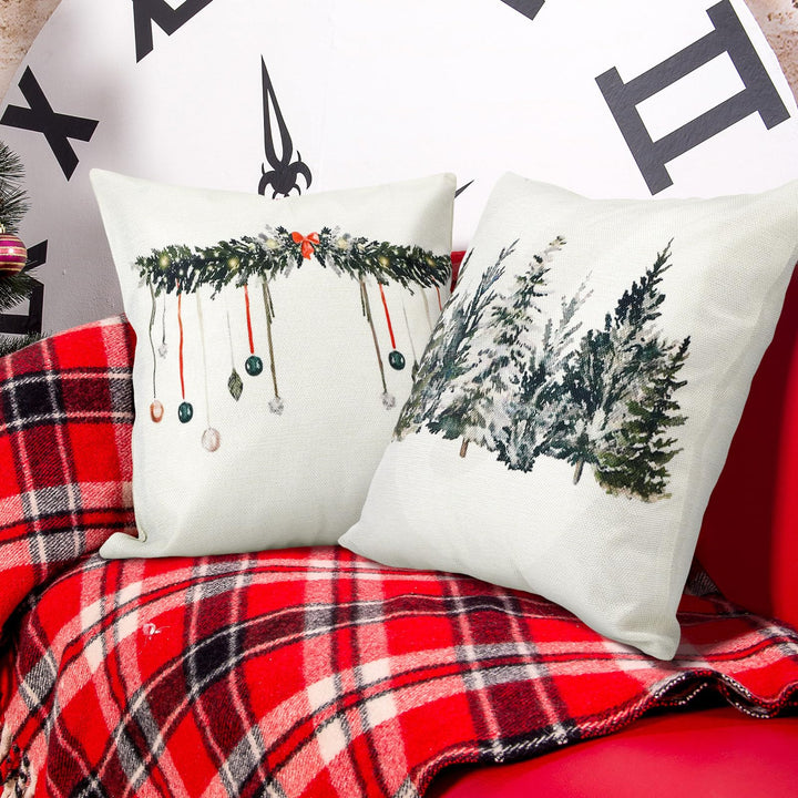 Preboun 4 Sets Christmas Pillow Covers Decorations Rustic Watercolor Winter Holiday Cushion Covers Xmas Tree Wreath Throw Pillow Case for Farmhouse Home Decor(18 x 18 Inch)