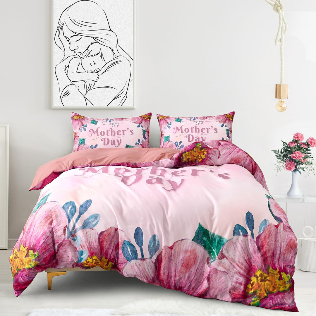 Menghomeus Happy Mothers Day Gifts for Mom Pink Floral Duvet Cover Set Queen Garden Bedding Sets Birthday Gifts for Mom from Daughter Son