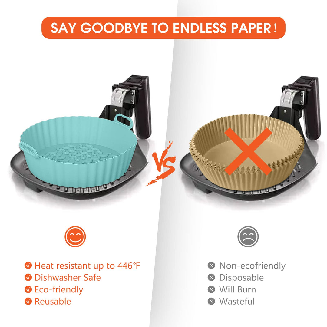 Hiyaloo 2Pcs Air Fryer Silicone Liners 7.5'' Round BPA Free Non Stick Silicone Reusable Parchment Paper Replacement Fits 3-5QT Air Fryer (Blue+Grey, 2), 7.68''x 6.89''x 1.96 ''