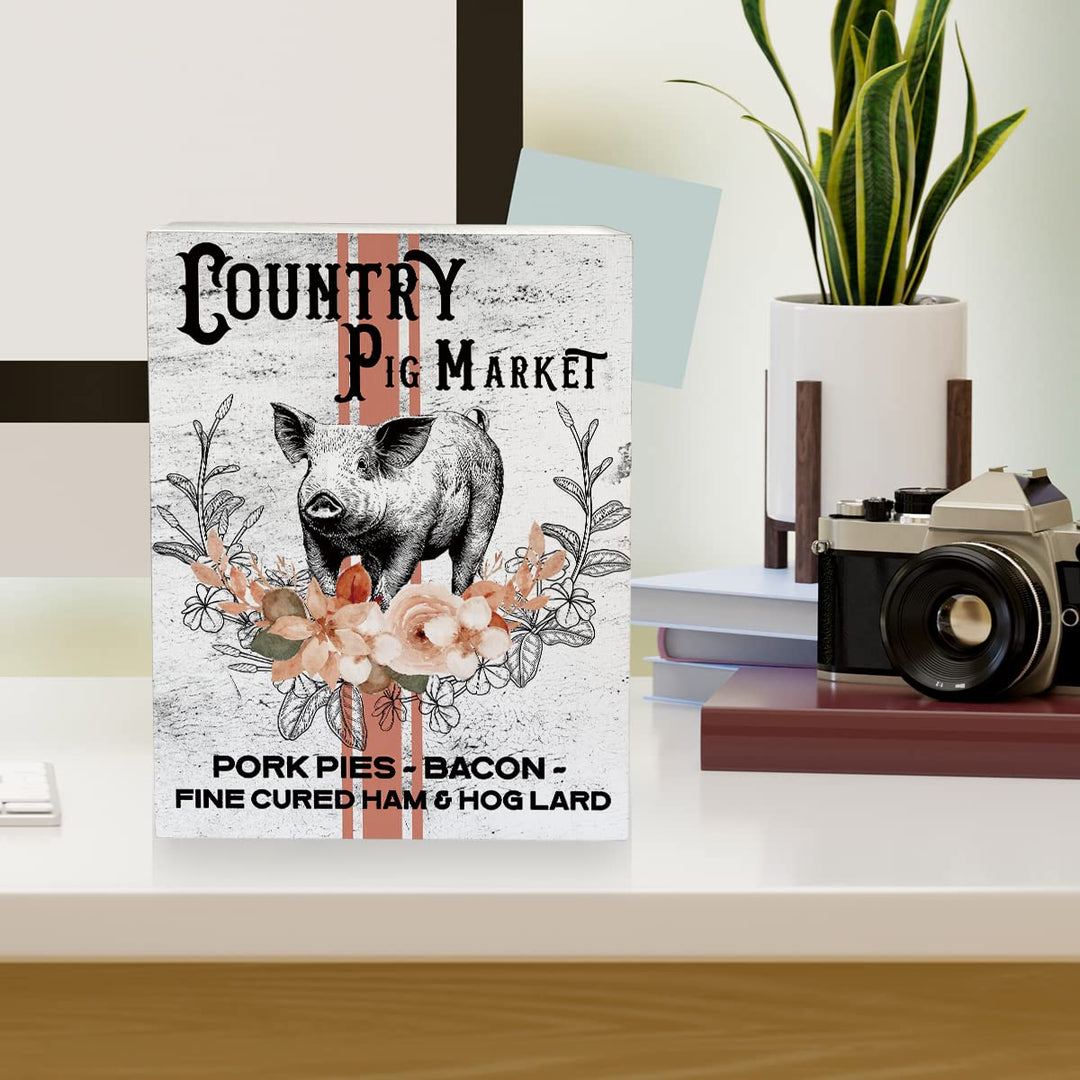 Farmhouse Country Pig Market Wooden Box Sign Pig Wood Block Tabletop Sign Decorative Desk Sign Home Kitchen Shelf Decor 5.8 X 7.8 Inches