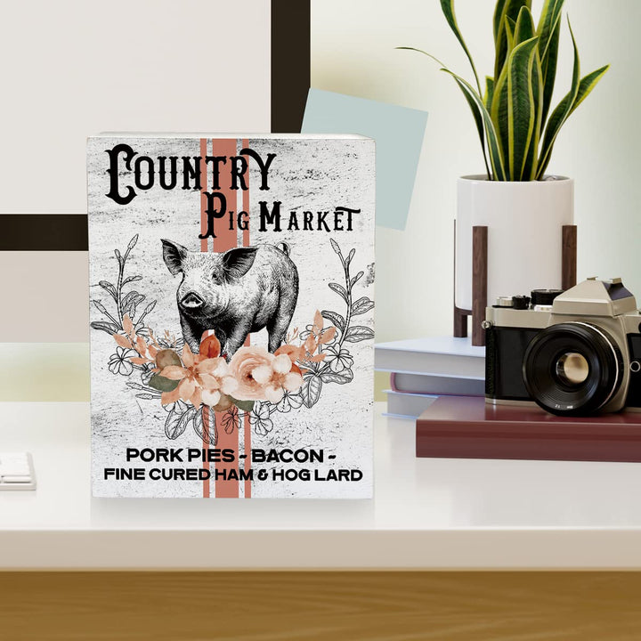 Farmhouse Country Pig Market Wooden Box Sign Pig Wood Block Tabletop Sign Decorative Desk Sign Home Kitchen Shelf Decor 5.8 X 7.8 Inches