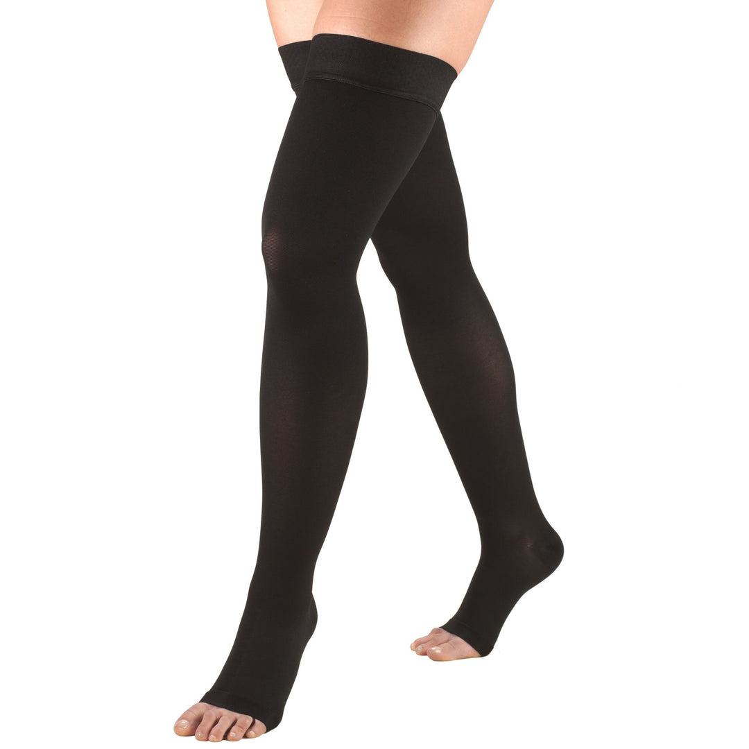 Truform 20-30 mmHg Compression Stockings for Men and Women, Thigh High Length, Dot-Top, Open Toe, Black, Large