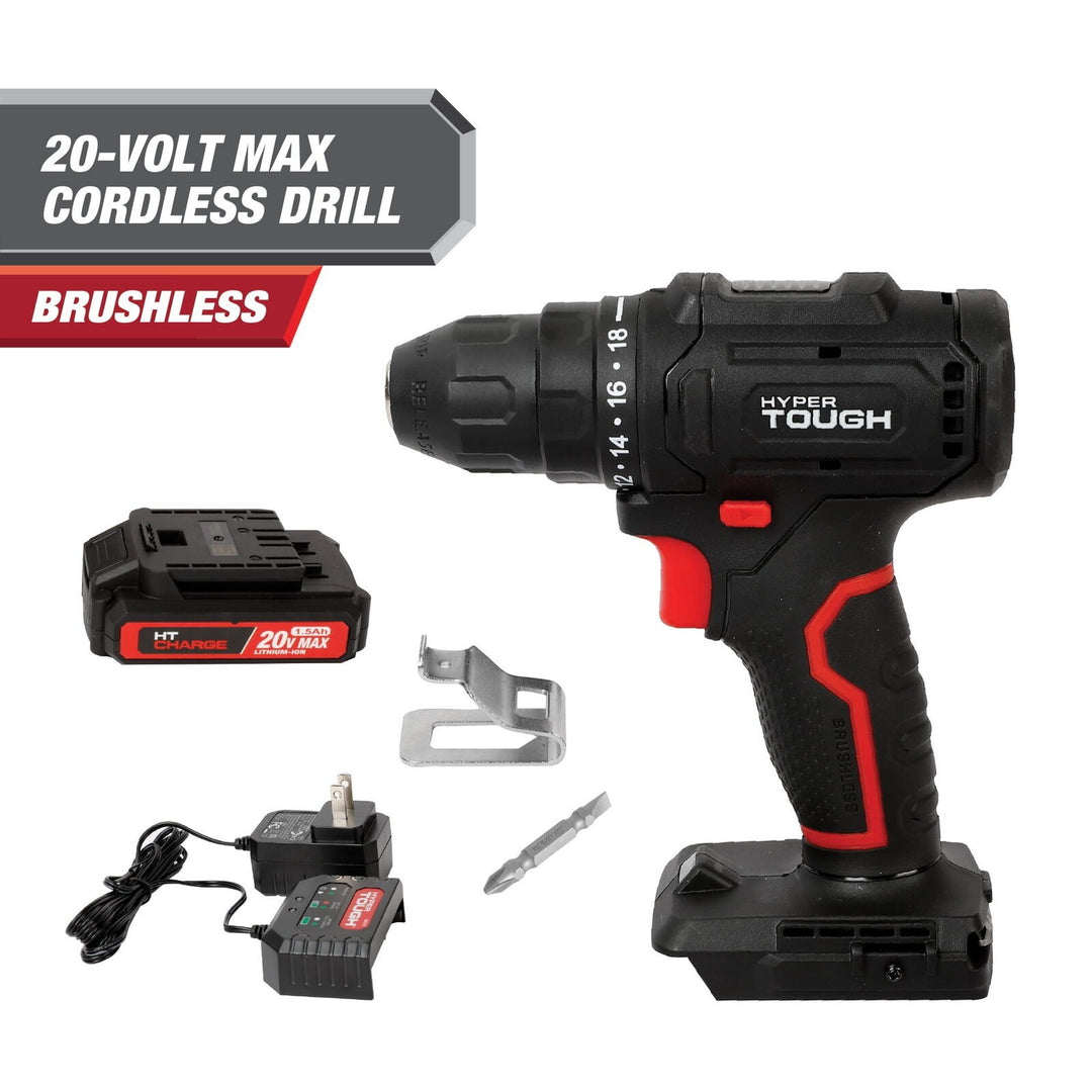 Hyper Tough 20V Max Brushless Cordless Drill Driver with 1.5Ah Lithium-Ion Battery and Charger