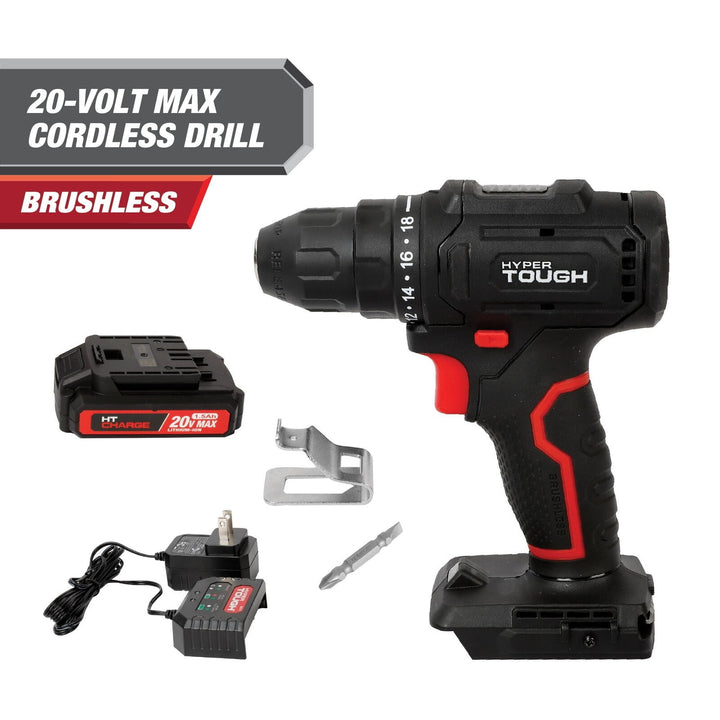 Hyper Tough 20V Max Brushless Cordless Drill Driver with 1.5Ah Lithium-Ion Battery and Charger