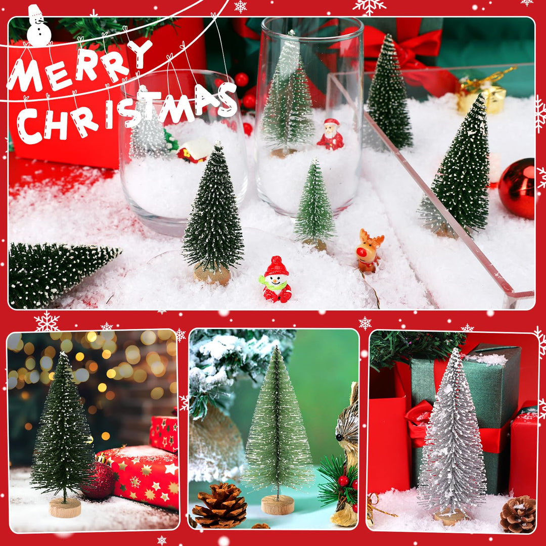 30Pcs Mini Christmas Tree Decor, Artificial Christmas Tree 5 Sizes,Mini Sisal Snow Frost Trees with Wooden Base for Christmas Decor Christmas Party Home Table Craft Decorations (Green/Ivory)