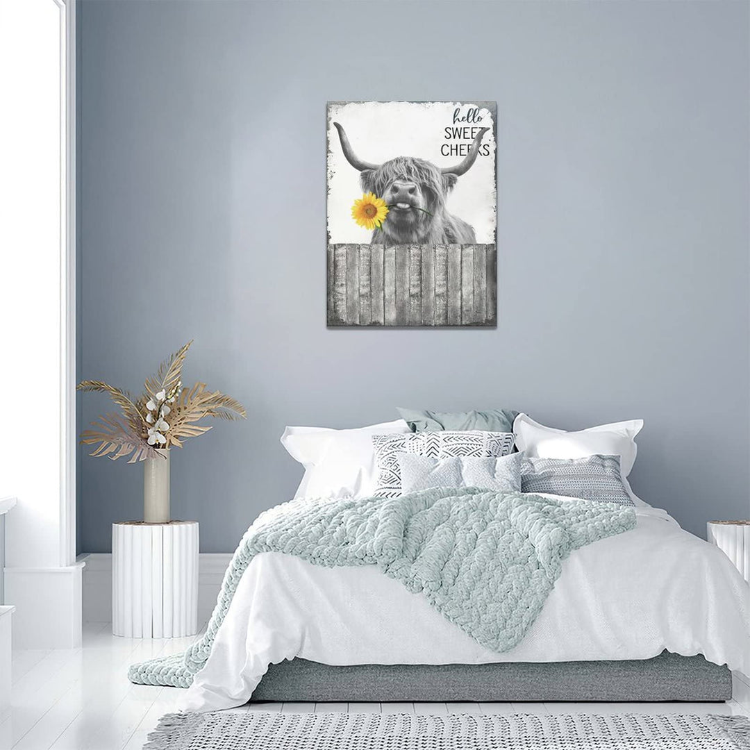Hello Sweet Cow Bathroom Decor Wall Art Highland Cow Poster Funny Cow Pictures Rustic Farmhouse Cow Canvas Print Black and White Painting Animal Wall DÃƒÂ©cor Framed Artwork 12"x16"