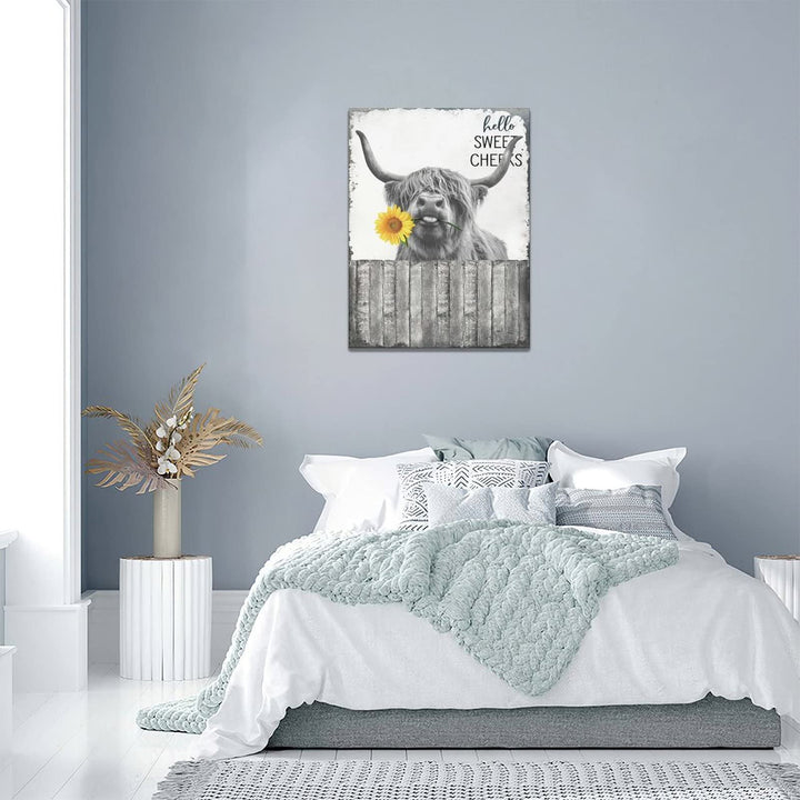 Hello Sweet Cow Bathroom Decor Wall Art Highland Cow Poster Funny Cow Pictures Rustic Farmhouse Cow Canvas Print Black and White Painting Animal Wall DÃƒÂ©cor Framed Artwork 12"x16"