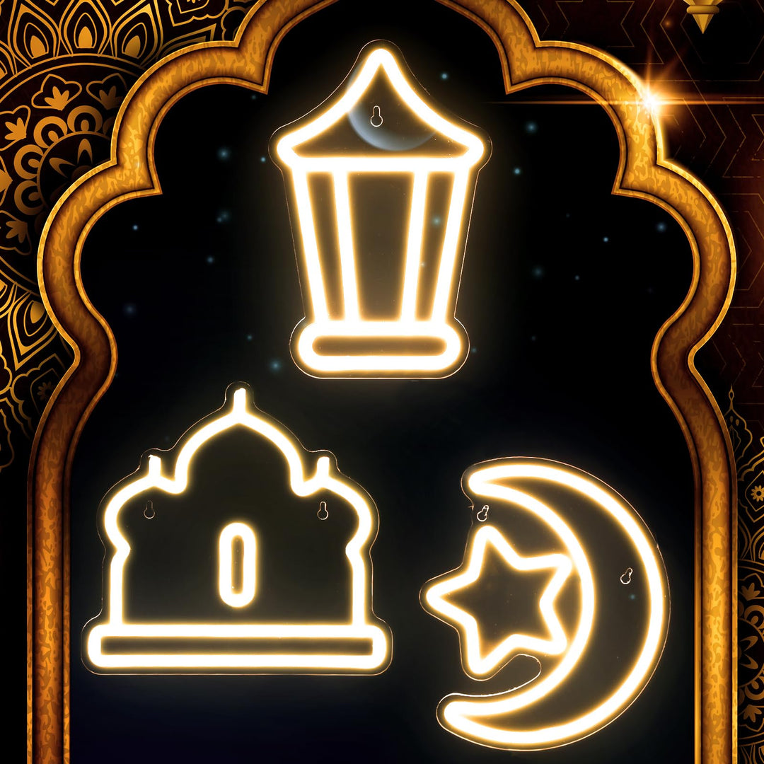 ROCEEI 3 Pcs Ramadan Eid Mubarak Neon Sign, Moon Star Castle Neon Lights Gift Box Neon LED Lights USB Wall Bar Living Room Decor for Ramadan Eid Mubarak Party Holiday Night Bedroom Gifts