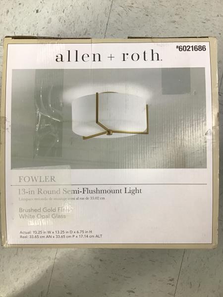 Allen + Roth Fowler 13-in Round Semi-Flushmount Light - Brushed Gold Finish, White Opal Glass Retail $70.00
