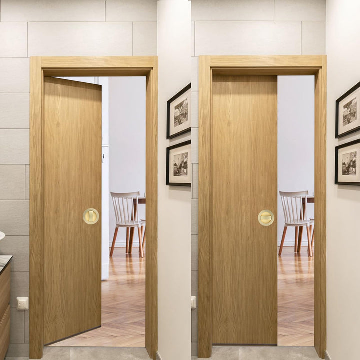 YZMLOL Brass Gold Pocket Door Lock,Brushed Gold Pocket Door Hardware,Round Pocket Door Lock with Color Coded Indicator,Privacy Flush Pocket Door Lock for Home, Bathroom and Bedroom.