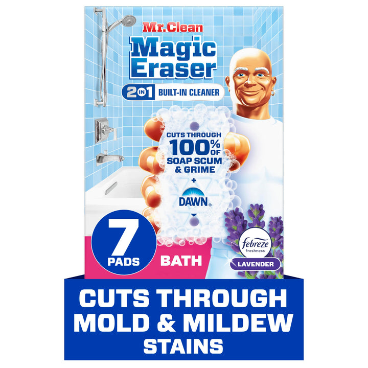 Mr. Clean Magic Eraser Sponge, Bathroom Cleaner, Shower Cleaner, Tub Cleaner, Soap Scum Remover, Bathroom Cleaning Supplies, Dawn Cleaning Power with Febreze Lavender Scent, 2 in 1 Bath, 7ct