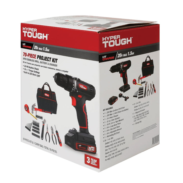 Hyper Tough 20V Max 1.5AH 70-Piece Project Kit with Cordless Drill  Battery & Charger